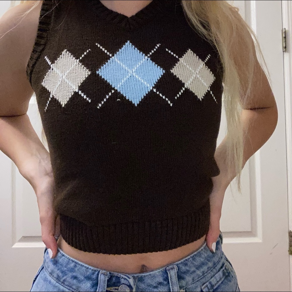 Brown and blue, sweater tank crop top